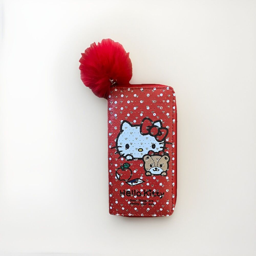 Hello Kitty Red Long Clutch Card Holder Wallet with Silver Hearts